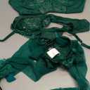 WDIRARA Women's 4 Pieces Floral Lace Mesh Underwire Garter Lingerie Set with Stocking (Large, Dark Green)