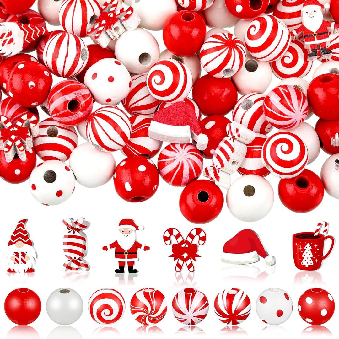 200 Pcs Christmas Wood Beads Santa Claus Winter Red and White Wooden Beads Candy Cane Round Loose Spacer Farmhouse Craft Beads for DIY Bracelet Necklace Earring Jewelry Making Home Decor