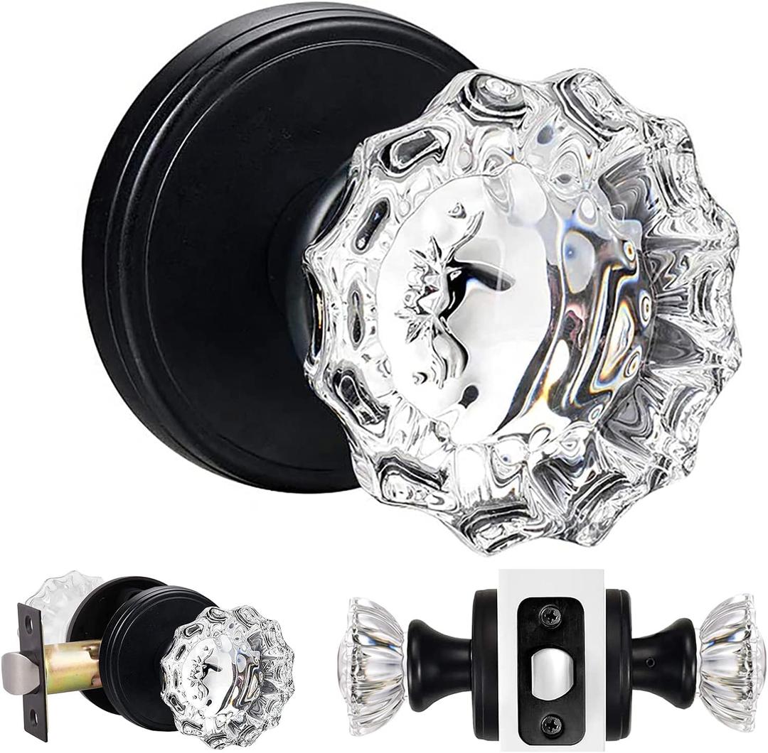 Glass Door Knobs Interior, Passage Clear Crystal Door Knobs for Hall and Closet (Matte Black,1Pack)