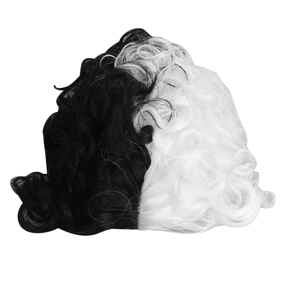 Black and White Wig Black White Curly Wig for Women,Adjustable Breathable Short Curly Christmas Party Halloween Cosplay Half Black