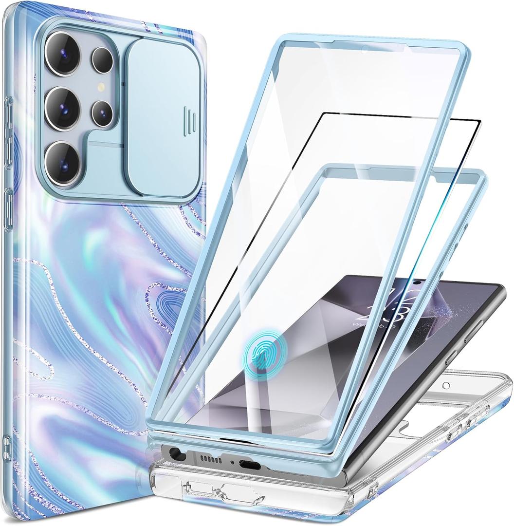 GVIEWIN for Samsung Galaxy S24 Ultra Case, [Slide Camera Cover & Built-in Screen Protector] [2 Front Frame] Military Grade Shockproof Marble Phone Case for S24 Ultra 6.8" (Aurora/Azure Blue)