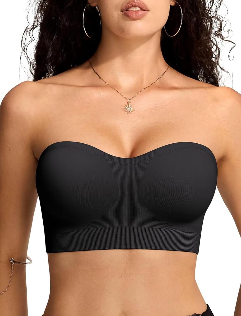 Vertvie Strapless Bras for Women Non-Slip Push Up Wireless Bandeau Bra Seamless Comfort Tube Top Supportive Padded Bralette(Black,Large,Plain Jersey)