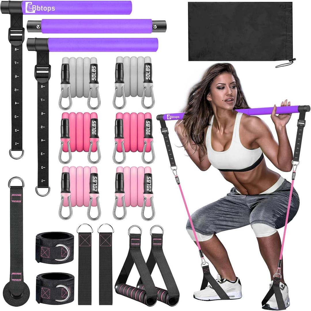 Pilates Bar Kit with Resistance Bands,Pilates Bar with Stackable Bands Workout Equipment for Legs,Hip,Waist and Arm,Exercise Fitness Equipment for Women & Men Home Gym Yoga Pilates (Purple01 (Upgraded 20/30/50lbs))