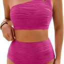 Women's High Waisted Bikini Sets One Shoulder Tummy Control Swimsuits 2 Piece Textured Bathing Suits (Pink, XL)