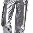 SIAEAMRG Womens Shiny Metallic High Waist Stretchy Jogger Pants, Wet Look Hip Hop Club Wear Holographic Trousers Sweatpant (Grey, XXL)