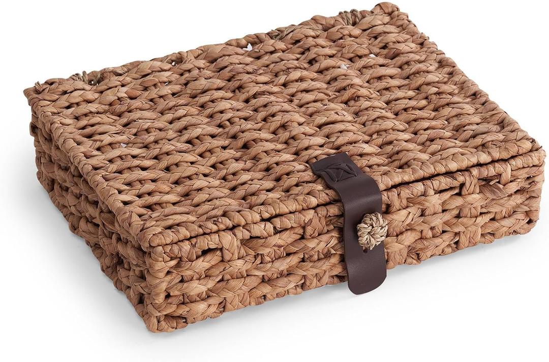 Decorative Box with Lid, Wicker Storage Basket, Water Hyacinth Woven Decorative box for Shelf, Coffee Table, Console Table, Home Decor (Large)