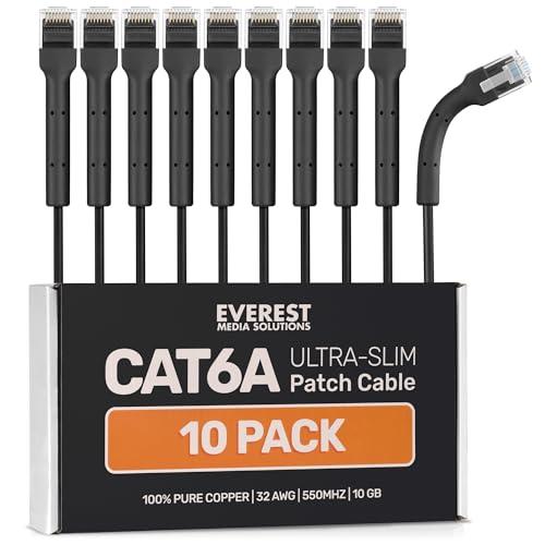 Everest Ultra Slim Cat6a Ethernet Patch Cables 5 ft (10-Pack) Black - 10GB Cat 6a Patch Cable - Bendable, Flexible & Thin Ethernet Cable - Space Saving 32AWG 550MHZ Cat6a Cables - 100% Copper Wires