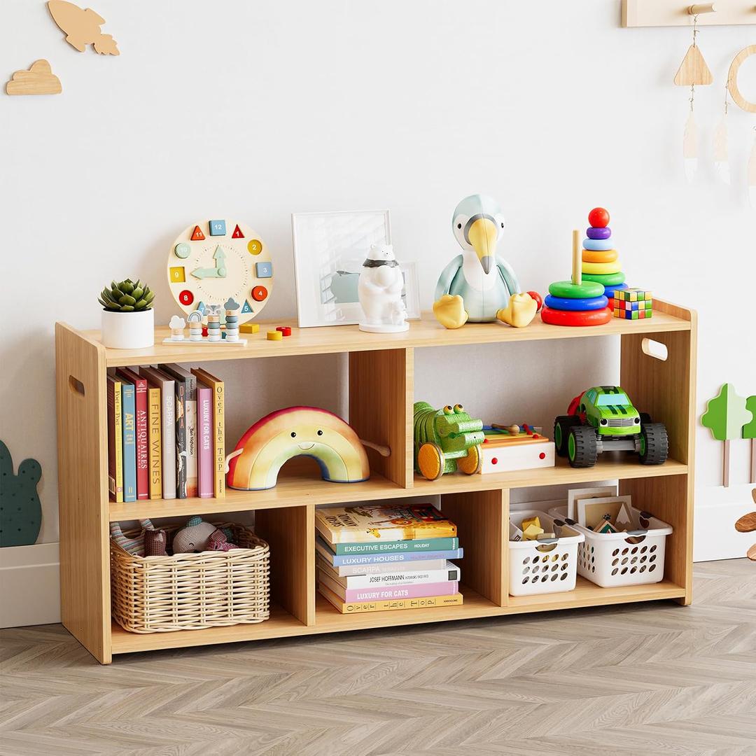 SpaceAid 5-Compartment Bookshelf, Montessori Bookcase for Toddlers, Wooden Book Shelf Organizer Storage Furniture for Kids Rooms, Playroom, Nursery and Classroom, 44.5“ Wide, Natural