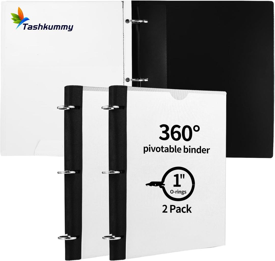 Tashkummy 360 Pivotable 3 Ring Binder, Upgraded Foldable Binders 1 inch 2 Pack, Thin Small Three Ring Binder Fits 8.5" x 11", for Home, School and Office Binders Supplies - White