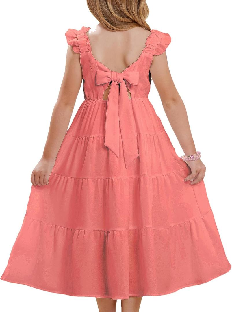 GRACE KARIN Girls Dress Summer Tie Back Party Dress Ruffle Sleeve Smoke Tiered Special Occasions Maxi Tween Dresses Size 12Y