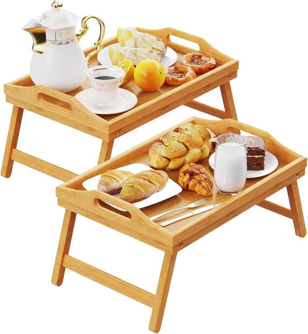 2 Pack Breakfast in Bed Tray for Eating, 16.92 x 12.6 Inch Bed Table Tray with Folding Legs & Handles, Bamboo Food Lap Trays Fits for Adult Kids Eating/TV/Surgery Recovery by Easoger. Set of 2