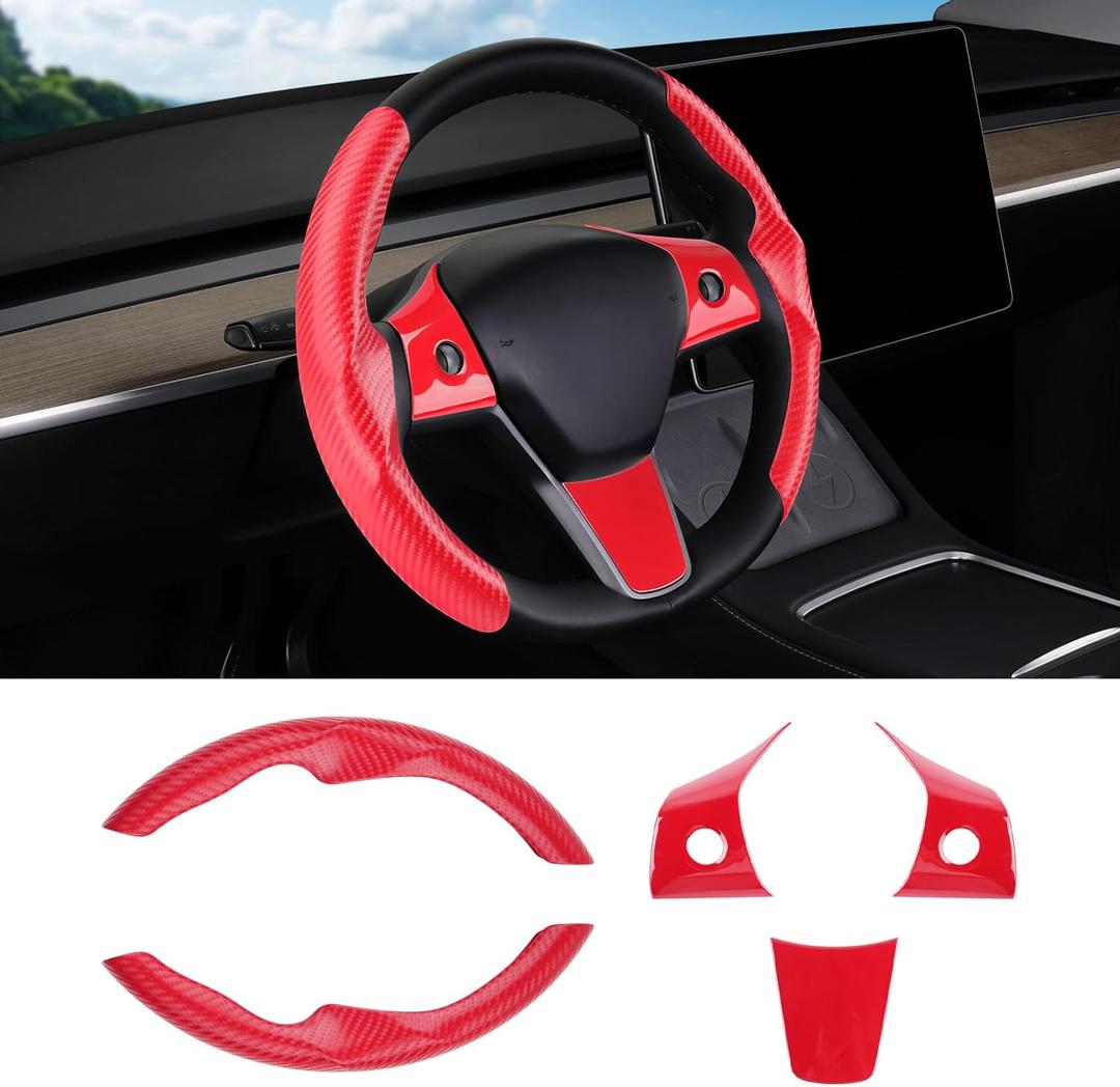 Steering Wheel Cover for Telsa Model 3/Model Y Accessories Carbon Fiber Steering Wheel Cover Protector Anti-Slip, Comfortable Grip, Breathable, Model 3/Y Accessories, Red 5PCS