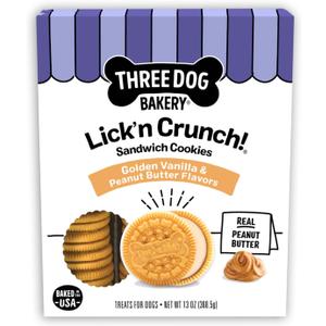 Three Dog Bakery Classic Cremes Baked Dog Treats, Golden with Peanut Butter Filling, 13 oz,Brown,310077, Best By: SEP 2026 Three Dog Bakery Classic Cremes Baked Dog Treats, Golden with Peanut Butter Filling, 13 oz,Brown,310077, Best By: SEP 2026