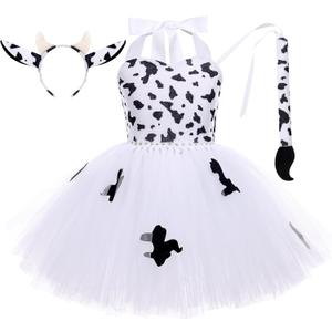 Girls Cow Cosplay Tutu Dress Set 3pcs with Cow Ears Headband Cow tail Animal Fancy Costume Kit Halloween Cosplay Birthday Party Outfits Baby Girl Jungle Themed Cosplay dress white Cow 1- 2 Years