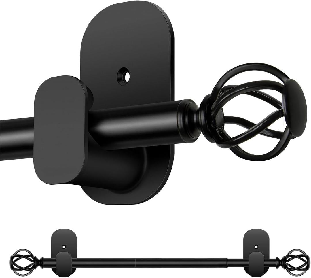 Curtain Rods No Drilling 48 to 84 Inch, 5/8 Inch Diameter No Drill Drapery Rod Set with Adhesive Brackets and Twiested Cage Finals, Bedroom Apartment Renter Friendly, Black