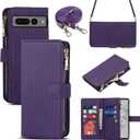 iCoverCase for Google Pixel 7 Pro Wallet Case with Card Holder, Kickstand Feature PU Leather Case with Adjustable Crossbody Lanyard Magnetic Clasp Zipper Pocket Flip Cover (Purple)