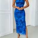 GORGLITTER Women's Floral Strapless Bodycon Wedding Guest Dress Vacation Summer Birthday Tropical Maxi Long Sun Dresses (Blue, M)