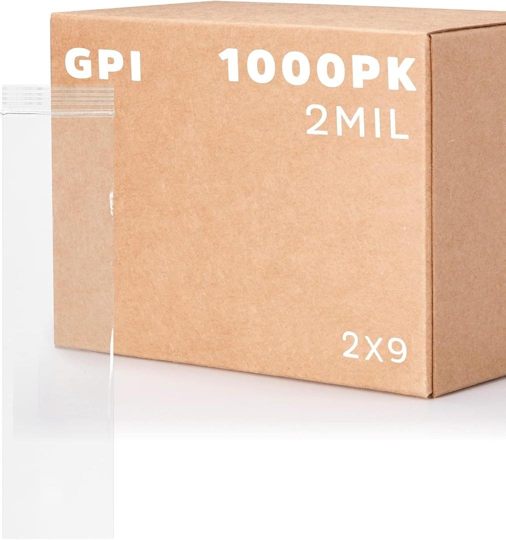 GPI - 2" x 9" Long Zip Bags, 1000 Count, 2 Mil, Clear Plastic Reclosable Zipper Poly Baggies, with Resealable Zip Top Lock Seal, for Incense, Necklaces, Jewelry, Medical Supplies, Beads & Seeds