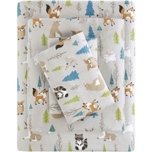 True North by Sleep Philosophy Cozy Flannel Warm 100% Cotton Sheet - Novelty Print Animals Stars Cute Ultra Soft Cold Weather Bedding Set, King, Multi Forest Animals 4 Piece