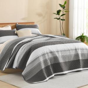 Litanika Quilt King Size Dark Grey, Stripe Patchwork Summer Bedspread Coverlet 3 Pieces, Soft Lightweight Polyester Quilted Bedding Set for All Season(1 Quilt, 2 Pillowcases)