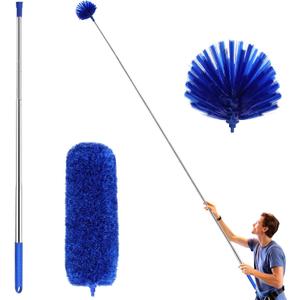 Cobweb Duster with Extension Pole, Washable Cleaning Duster Kit with 2 Duster Heads, Cobweb Duster, Corner Brush, Aluminum Telescoping Pole for Ceiling Fan (Blue)