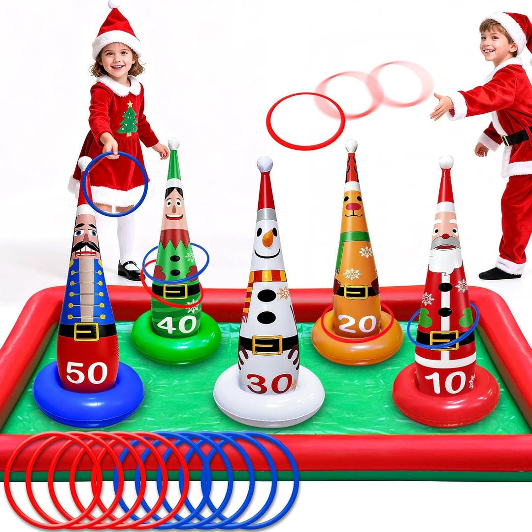 16 PCS Christmas Ring Toss Game Set for Kids Adults Santa Snowmen Elf Reindeer Nutcrackers Inflatable Christmas Games Family Toys for Home Xmas Carnival Party Supplies Favors Indoor Outdoor Decoration