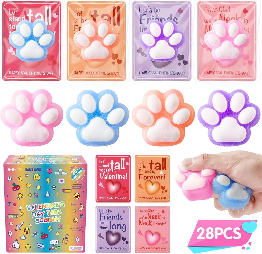28 Packs Fidget Toys Stress Ball Set Taba Squishy Cat Paw Squeeze Toys, Squishy Fidget Toy, Kawaii Squishies Sensory Toys, Classroom Exchange Gift for Kids, Valentine's Party Favors