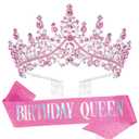 Birthday Tiara and Sash for Women Girls - Graceful Birthday Crown and Sash for Party Gift Halloween Cosplay - Premium Rhinestone Headbands for Princess Dress Up (pink)