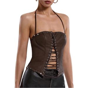 RoseSeek Women's PU Leather Lace Up Halter Top Y2K Sleeveless Backless Party Club Going Out Tops (X-Large, Brown)