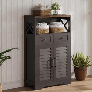 ChooChoo Farmhouse Storage Cabinet, Bathroom Floor Cabinet with Doors and Drawers, Kitchen Pantry Cabinet for Living Room, Laundry, Black