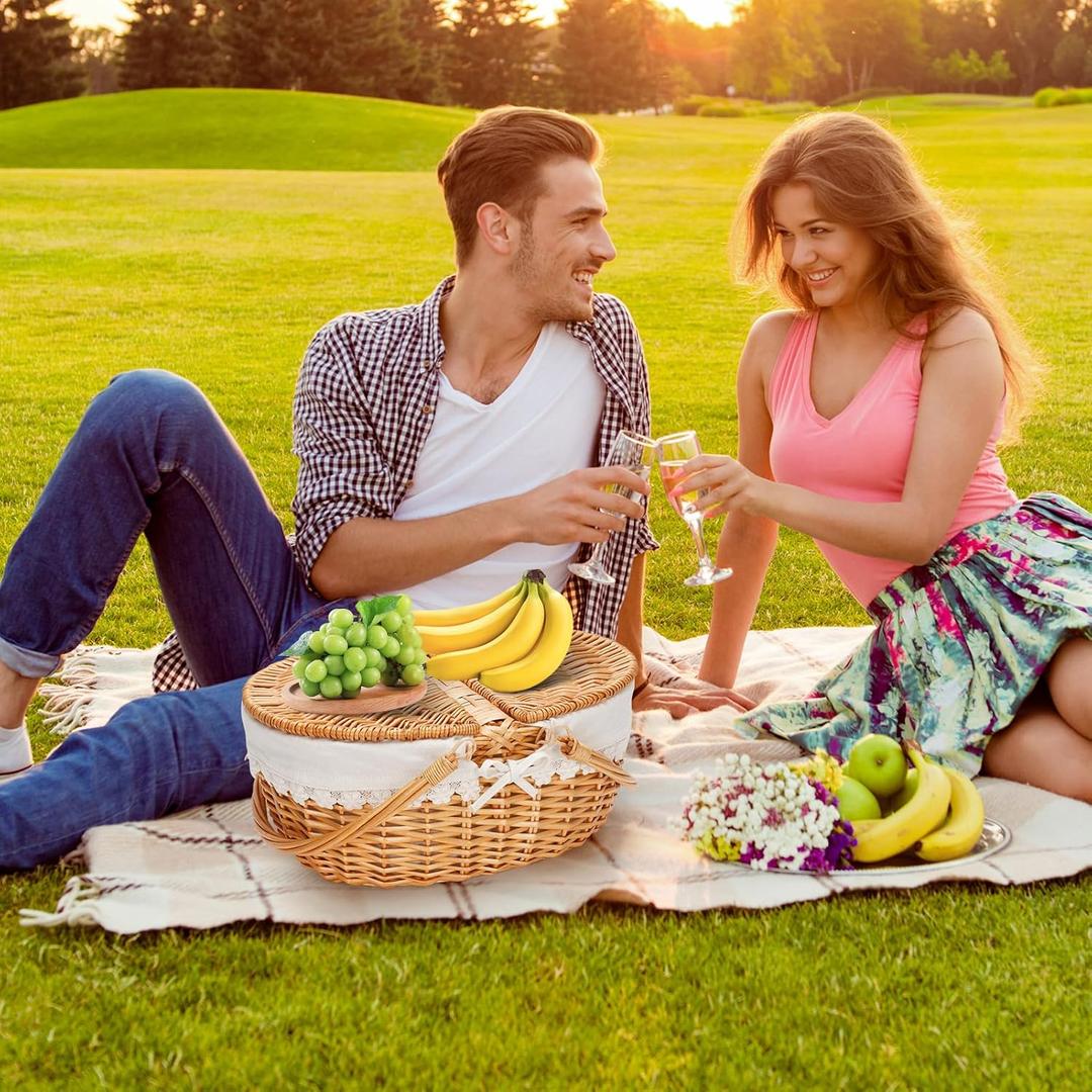 Wicker Picnic Basket with Removable Liner, Empty Picnic Baskets with Lid, Vintage-Style Picnic Hamper with Folding Woven Handle for Picnic, Camping, Outdoor, Halloween, Thanks Giving, Birthday (Cream)