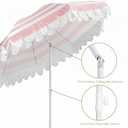 Funsite 6.5Ft Classic Beach Umbrella with Fringe, Scalloped Patio Umbrella with Push Button Tilt, UPF50+ Portable Outdoor Umbrellas for Garden Lawn Pool, Carry Bag, Pink White Stripe