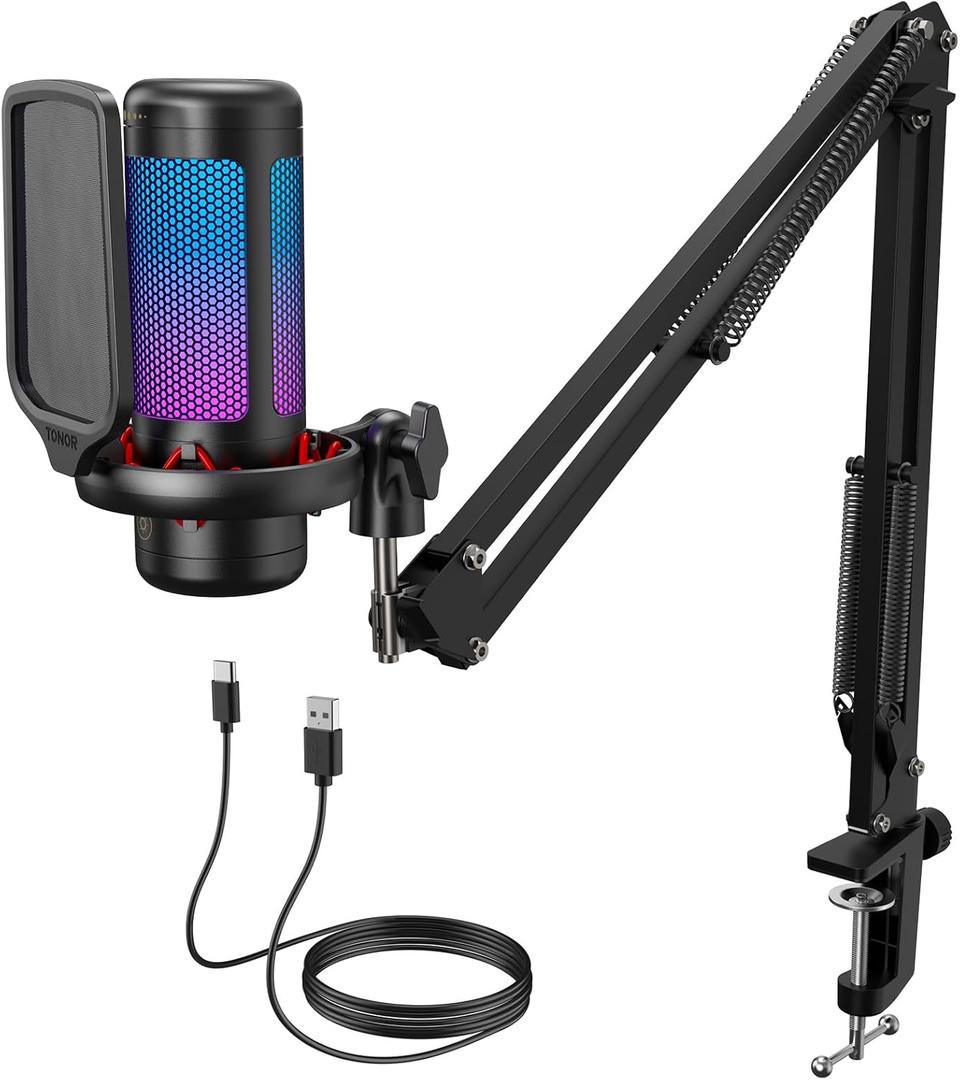 TONOR Gaming Microphone Set with Boom Arm, Vocal Condenser Microphone for PC with Stand, USB Mic with controllable RGB Light, One Tap Mute, Volume Control, for Discord, Twitch Streaming, TC310+