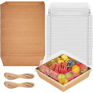 50 Pack 5 Inch Paper Charcuterie Boxes with Clear Lids, Square To Go Cake Slice Containers Small Kraft Bakery Boxes for Dessert, Cookies, Sandwich, Strawberries (Brown)