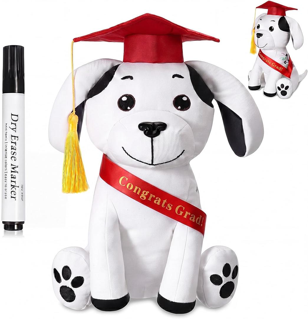 Zomiboo Graduation Dog Autograph Stuffed Animal 2026 Smooth Fabric Stuffed Toy with Congrats Grad Signature Dog Animal with Marking Pen Gold Tassels for Graduate Party Supplies(Red)
