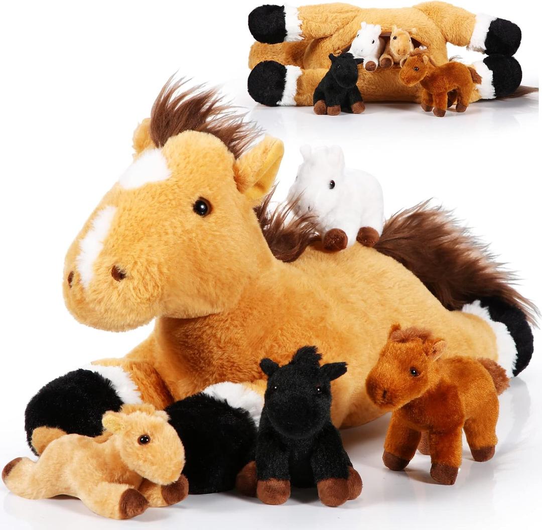 Lenwen 5 Pcs Horse Stuffed Animals 18 Inches Large Mommy Horse Plush with 4 Babies in Zippered Belly Nurturing Plushie Toy Set Gifts for Christmas Boys Girls Birthday Gift Derby Party Favors (Cute)