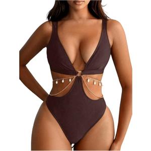 OYOANGLE Women's One Piece Swimsuit Ring Linked Cut Out Bathing Suit High Cut Swimwear (Medium, Coffee Brown)