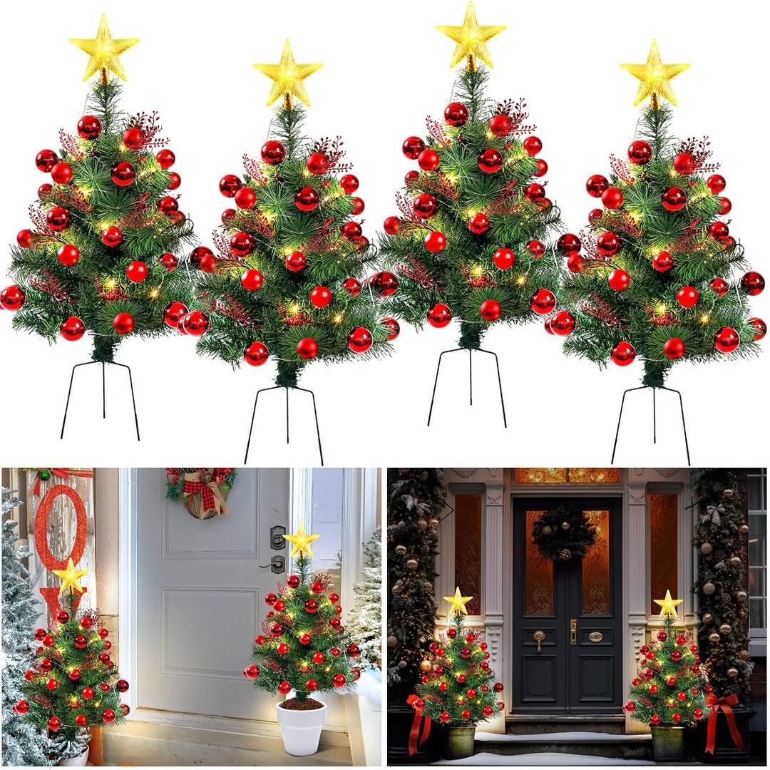 4 Pack 30 Inch Christmas Tree Planter Insert Pre Lit Porch Urn Prelit Holiday Filler Bushes Outdoor Lighted Pathway Artificial Pine Star LED Ball Ornament Branch, Batteries Not Included