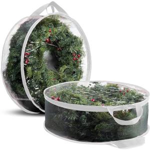 ZOBER 2 Pack Christmas Wreath Storage Container 36 Inch - Wreath Bag for Artificial Wreaths Box - Dual Zippered Wreaths Storage Bag with Durable Stitch Reinforced Handles - White