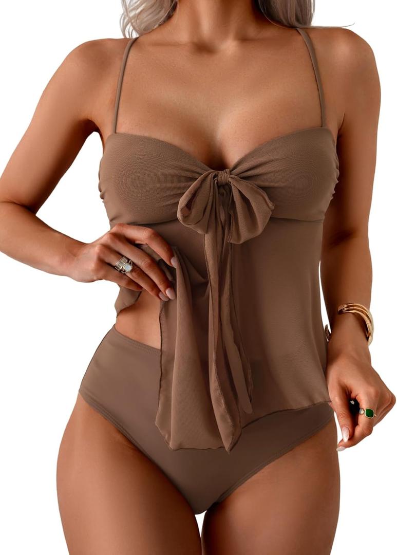 B2prity Tankini Swimsuits for Women, Tummy Control Flowy Mesh Tops, High Waisted Bottoms, Coquette 2 Piece Bathing Suits (Small, Brown)