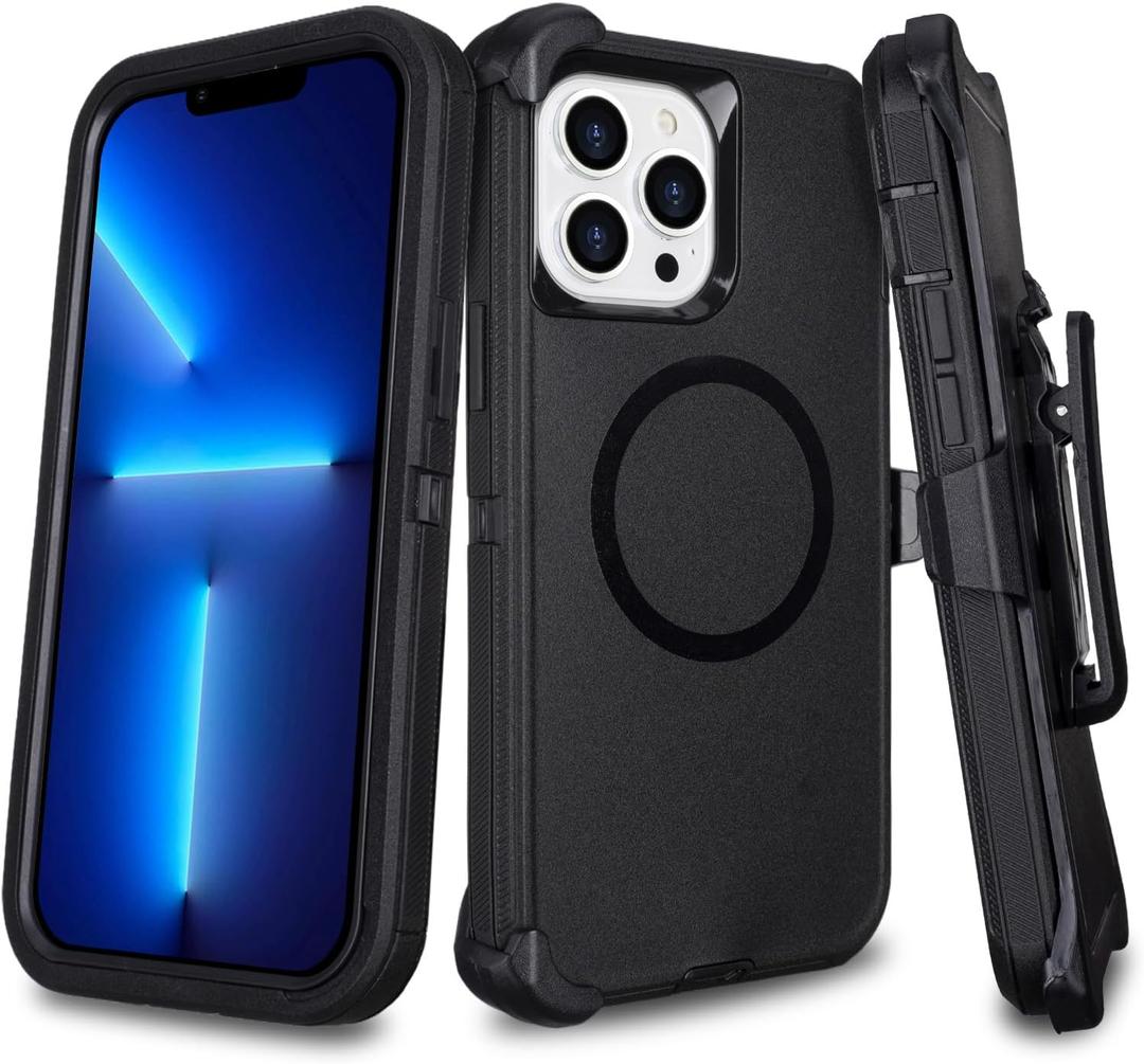for iPhone 13 Pro Max Case with Belt Clip Holster, [Compatible with MagSafe] Heavy Duty Military Grade Drop Protection, 3-Layer Rugged Shockproof for iPhone 13 Max Case, 6.7" (Black)