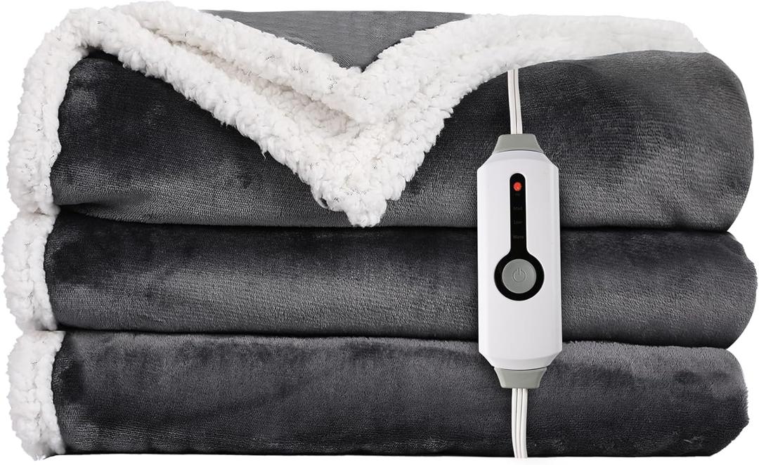 Electric Heated Blanket Throw Size - 50"x60", Soft Flannel Heating Blanket, 4 Heating Levels, 3 H Auto Shut Off, Breathable Warm and Washable for Sofa, Dark Grey