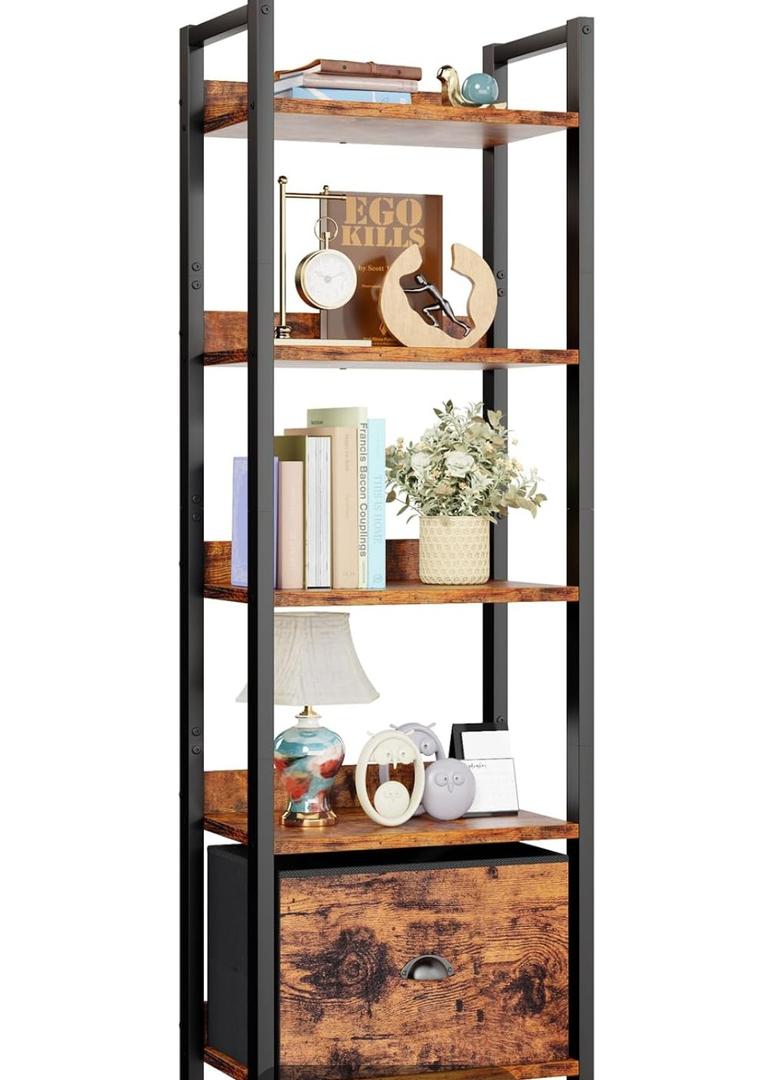 Furologee 5 Tier Bookshelf with Drawer, Tall Narrow Bookcase with Shelves, Wood and Metal Bookshelves Storage Organizer, Industrial Display Standing Shelf Unit for Bedroom, Living Room, Rustic Brown