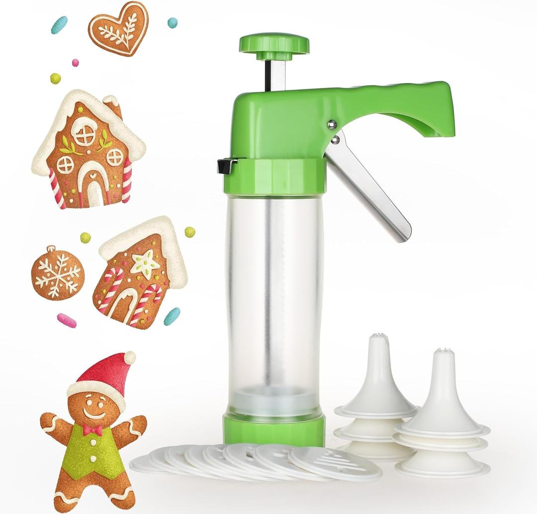 Ourokhome Cookie Press Maker Machine - Icing Gun Kit with 16 Discs and 6 Decoration Tips for Home DIY (Green)