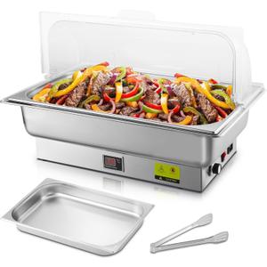 Electric Chafing Dish, 9QT Full Size Electric Chafing Dish Buffet Set with Rotary Knob Adjustable Temp, 700W Electric Buffet Servers and Warmers with Roll Top for Catering