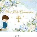 MEHOFOND 7x5ft First Holy Communion Mi Bautizo Blue Backdrop for Boys God Bless Party Decorations Blue Watercolor Photography Background Happy Birthday Photo Booth Props