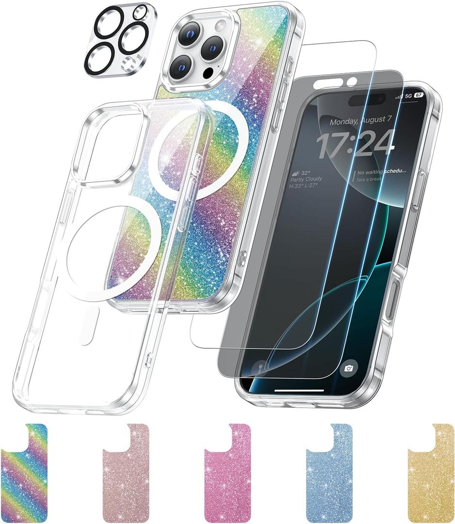 Meifigno Clear Case Designed for iPhone 16 Pro, Anti-Yellowing, Compatible with MagSafe, [2 Screen Protectors, 1 Privacy Screen, 1 Camera Screen Protector, 5 Glitter Cards] Mobile Phone Case,
