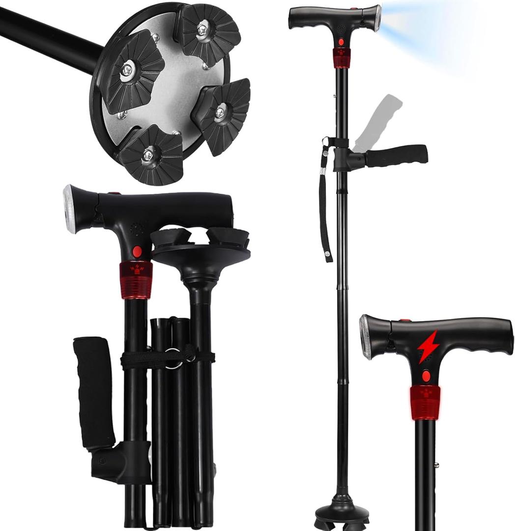 Walking Cane for Men & Women with Alarm, LED Light and Foldable Handle, Foldable, Adjustable, Lightweight, Free Self Standing Walking Cane for Seniors & Adults (black)