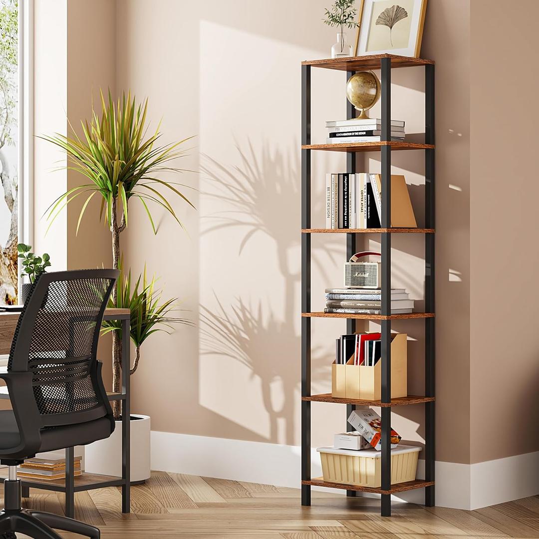 TUTOTAK Bookshelf, 6-Tier Tall Book Shelf, Narrow Bookcase for Small Space, DIY Stackable Bookshelf, for Living Room, Office, Study, Entryway, Industrial, Rustic Brown BS01BB006 (6-Tier(10.7 x 14.5 x 65.3 Inches))