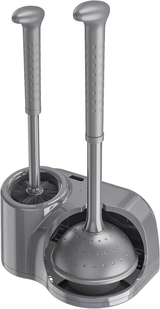 Toilet Brush and Plunger Set: 2-in-1 Heavy Duty Toilet Plunger and Bowl Brush Combo with Holder for Bathroom Cleaning - Grey